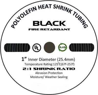 225FWY 50 FT. 50' Feet BLACK 1" 25mm Polyolefin 2:1 Heat Shrink Tubing Tube Cable US UL