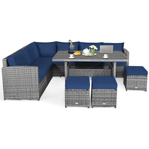 Patiojoy Patio Rattan Dining Set 7 PCS Sectional Sofa Couch Ottoman Garden Navy - Picture 1 of 7