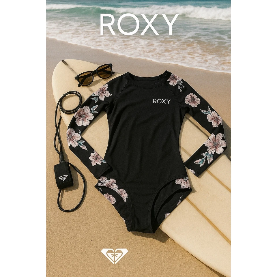 Roxy Manga Larga Negro y Floral Cremallera Trasera Una Pieza Talla M Foto 1 de 4