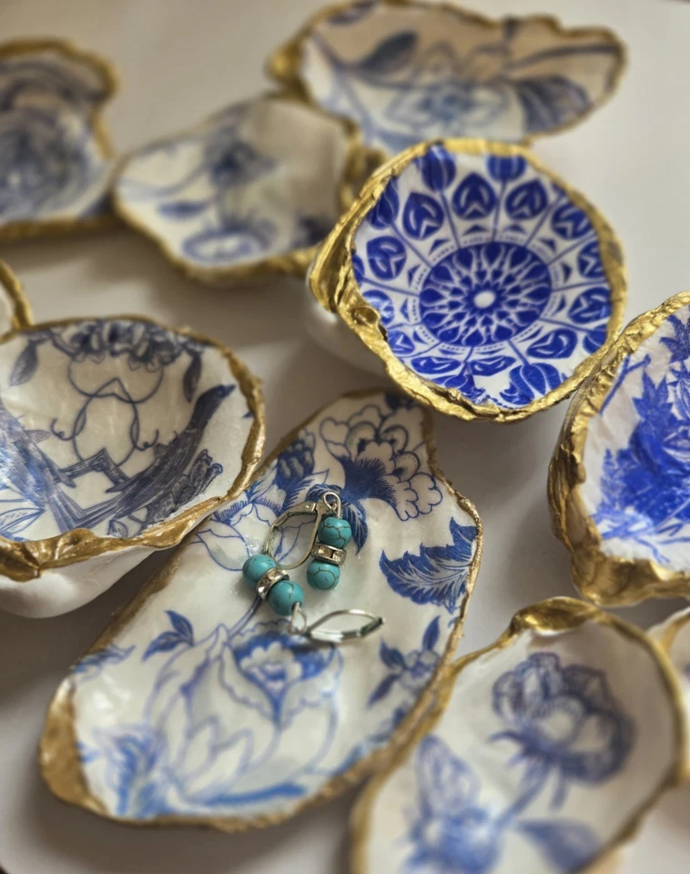 Handcrafted  Decoupaged  Blue/White Floral Oyster Shell W/ Gold Accents Set 10 - Image 1 of 4