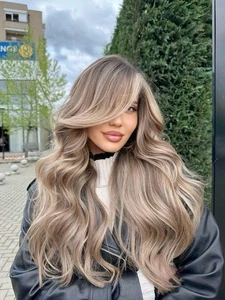 Peluca de onda larga Balayage ceniza rubia arena resaltada peluca frontal de encaje 100 % cabello humano - Imagen 1 de 4