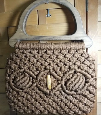 Vtg Macrame Bead Cocoa Brown Hippie Purse Boho - Image 1 of 4