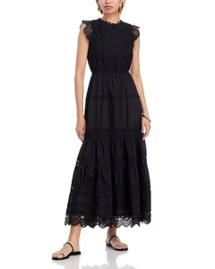 Aqua L116210 Womens Black Cotton Lace Flutter Sleeve Maxi Dress Size M - Picture 1 of 6