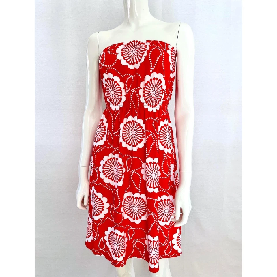 Nanso Red Strapless Floral Dress, Retro Print Sun Dress, Size S - Image 1 of 4