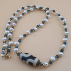 Vintage Himalayan Dzi Bead Necklace with Pearls & Apatite Gemstones - Picture 1 of 24