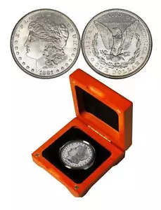 SILBER MORGAN DOLLAR IN EICHENHOLZ GESCHENKBOX + COA SCHÖNE SELTENE SILBERMÜNZE -UNC -AU - Bild 1 von 5