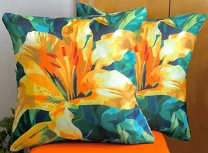 Set/2 Colorful Modern Yellow Lily Outdoor Waterproof Patio Pillow Cushion Covers - Picture 1 of 6