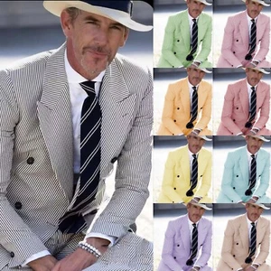 Trajes de verano Seersucker para hombre 2 piezas traje de negocios doble botonadura esmoquin de boda - Imagen 1 de 23