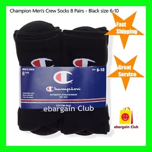 Champion Men's Cushioned Foot Arch Support Crew Socks 8 Pairs - Black Size 6-10 - Picture 1 of 3