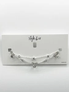 Style & Co Silver-Tone Mixed Charm Double-Row Ankle Bracelet, Lobster Closure - Picture 1 of 9