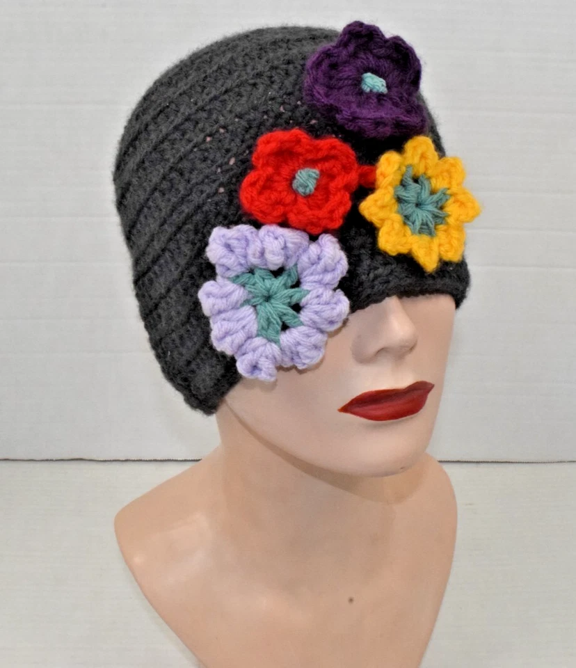 Vintage Crocheted Beanie Hat One Size Fits All 60s Black Knit Colorful Flowers - Image 1 of 4