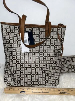 Tommy Hilfiger Monogram Allover Logo Bucket Satchel Purse w/Pouch Brown MSRP$118 - Image 1 of 4