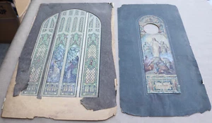 2 Antique Stained Glass Window Design Art Watercolor Painting Church Jesus RARE - Picture 1 of 19