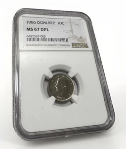 1986 "DPL" DOMINICAN REPUBLIC 10 CENTS. NGC MS 67 DPL. HARD TO FIND GEM. - Picture 1 of 4