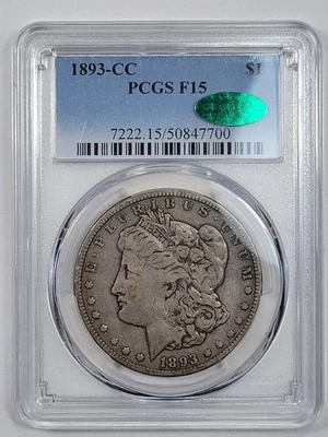 1893 CC Morgan Silver Dollar $1 PCGS F15 CAC Green Bean Carson City *K475 - Image 1 of 4