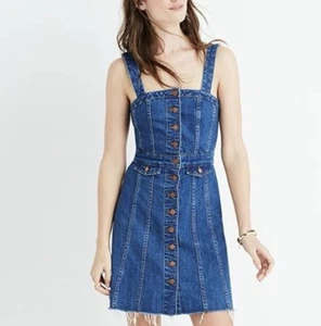 Madewell Denim Button Front Mini Dress Raw Hem Pinafore Blue Women’s 12 - Picture 1 of 10