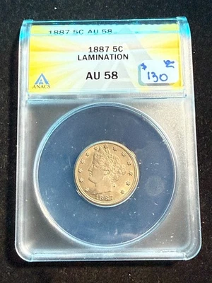 1887 LIBERTY "V" NICKEL LAMINATION ANACS AU 58 - Image 1 of 4
