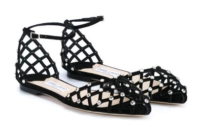 Jimmy Choo Davinia Flat Black Suede Pointy Toe Shoe Sandals With Crystal Studs - Image 1 of 4