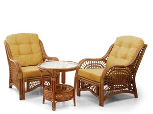 Malibu Living Set of 2 Lounge Chairs Rattan ECO and Coffee Table w/Glass, Cognac - Picture 1 of 11