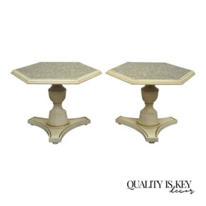 Hollywood Regency Mosaic Glass Tile Top Low Pedestal Side Tables - a Pair - Picture 1 of 9