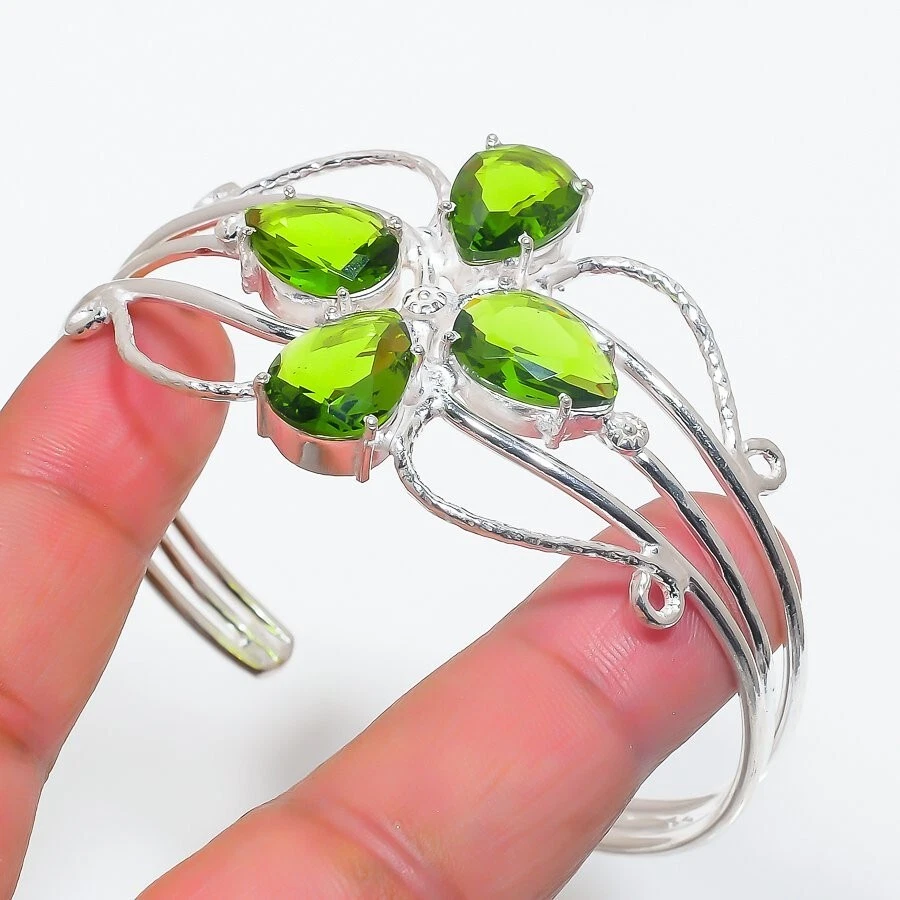 Green Peridot Gemstone Handmade 925 Sterling silver Adjustable Cuff Bracelet - Image 1 of 1