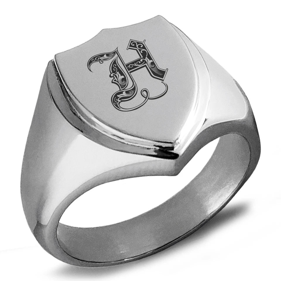 Anillo de sello de acero inoxidable con escudo con monograma real inicial letra H para hombre Foto 1 de 1