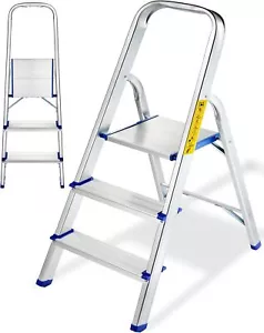 Aluminum Folding 3-Step Stool Ladder Anti-Slip Adults 440 Lbs Sliver - Picture 1 of 6