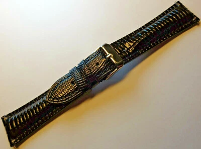 Genuine Leather Black Padded Lizard Grain 22mm Watch Band w/SILVER TONE BUCKLE - Image 1 of 4