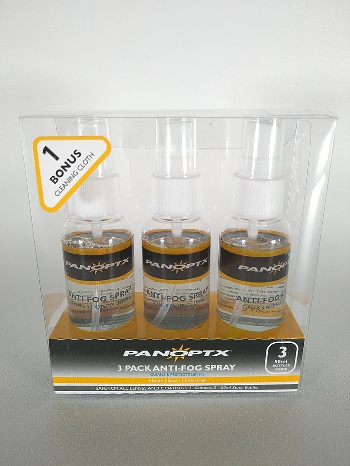 Panoptx Anti Fog Spray 3 Bottles W/ Bonus Cleaning Cloth Cleans Lenses Glasses
