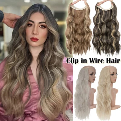 24" Wire In Hair Extension Secret Elastic Band Miracle Ring Thick Wavy Hairpiece - Image 1 of 4