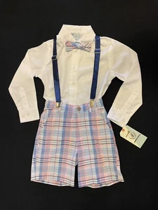 Class Club Boys Shirt Plaid Shorts Bow Tie Suspenders Set sz 5 - Picture 1 of 6