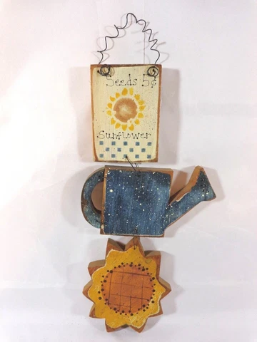 Sunflower Wall Hanging Seeds Flower Watering Can Yellow Blue Wood Wire Cover