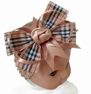 Headband Beige Tartan Ribbon Hair Bow Baby New Born UK Seller 🇬🇧 - Picture 1 of 2