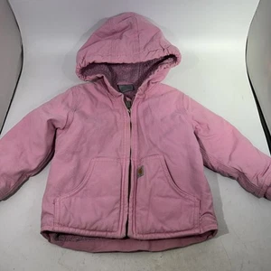 Carhartt Jacket Toddler Girls 2T Pink Hooded Sherpa Lined Canvas Coat Warm - Picture 1 of 9