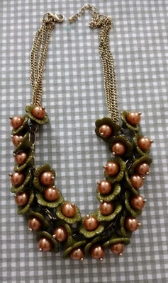 Olive Green Carved Resin Necklace Cluster Floral Copper Center Goldtone 16" - Image 1 of 4