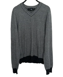 METROPOLITAN VIEW Mens Large 100% Cashmere Pullover Sweater Gray Striped V-Neck - Picture 1 of 3