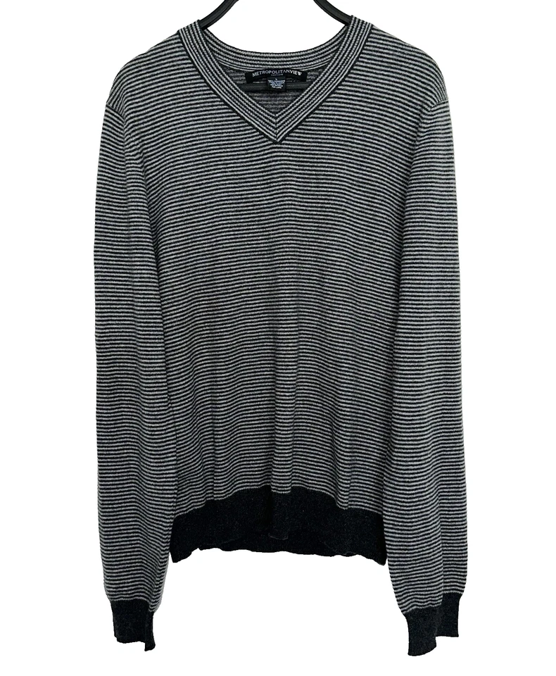METROPOLITAN VIEW Mens Large 100% Cashmere Pullover Sweater Gray Striped V-Neck - Image 1 of 3