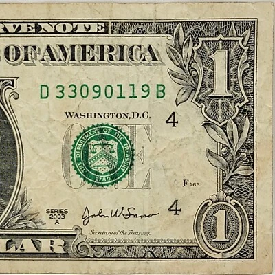 Four Pairs Fancy Serial Number One Dollar Bill D33090119B DC 2003A - Image 1 of 4