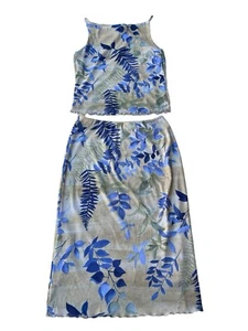 Y2K 90s 2 Piece Skirt & Tank Top Womens Floral 2000s Beige Blue Large L - Picture 1 of 11