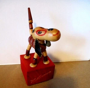 Vintage WAKOUWA WOOD DOG Push Up Thumb Puppet Collapsing TOY~ Leather Ears~USA - Picture 1 of 14