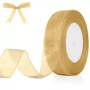 Gold Ribbon 1 Inch Organza Ribbon Gold Chiffon Ribbon Sheer Ribbon 50 Yards T... - Picture 1 of 6