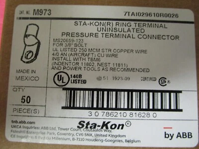 Box of 50 Sta-Kon ABB M973 Terminal, Bolt 3/8", 4/0AN-250kcmil  Copper Tin Plate - Image 1 of 4