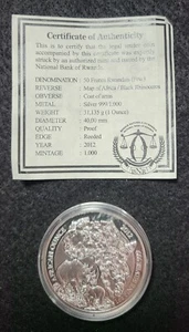 Moneda de plata fina Ruanda African Wildlife Rhino Proof 2012 1 oz .999 con certificado de autenticidad - Imagen 1 de 3