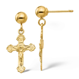 14K Solid Yellow Gold Jesus Crucifix Hanging Cross Dangle Earrings - Picture 1 of 4