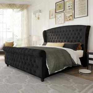 Luxury Tulip Wing Sleigh Bed With/Without Ottoman Gas Lift Storage in Soft Plush - Picture 1 of 8