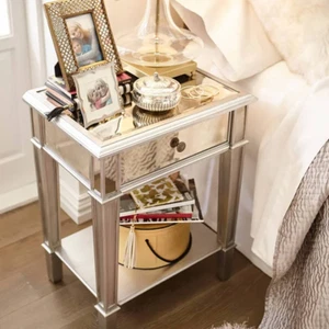 Versatile Mirrored Accent Silver Bedside Table Nightstand w/ Drawer&Open Shelf - Picture 1 of 10