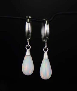 14k-White Gold  Dangle Opal Huggie Hoop Earrings - Picture 1 of 1