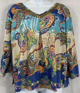 Take Two Size L Multicolor Pastel Graphic Bead Embellished Top 3/4 Sleeve V-Neck - Picture 1 of 12