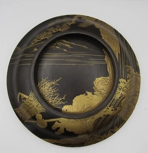 Stunning Japanese gold lacquer bowl sleeping farmer landscape scene 10.25” dia - Picture 1 of 12