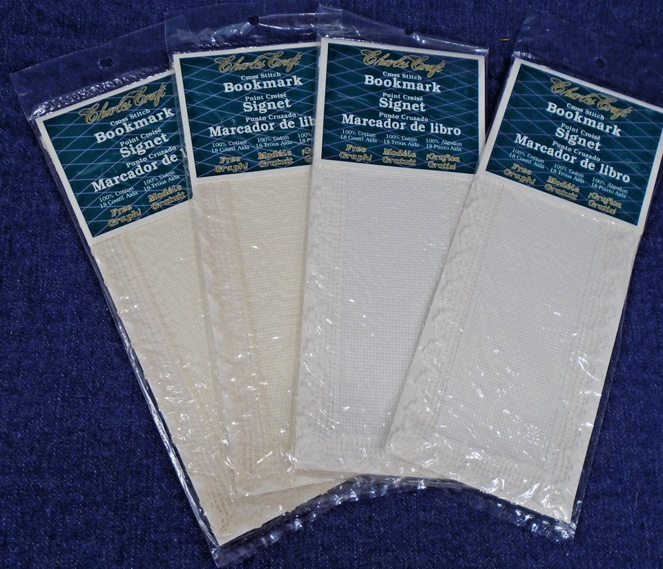 4 Charles Craft Bookmarks with Lace Trim 2 White 2 Cream Cotton 18ct Aida 3x8" - Image 1 of 2